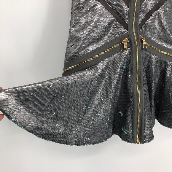 Three Floor Shine On Sequin Dress in Silver Mint Zippers + Mesh Cutouts size 6 - Picture 13 of 16